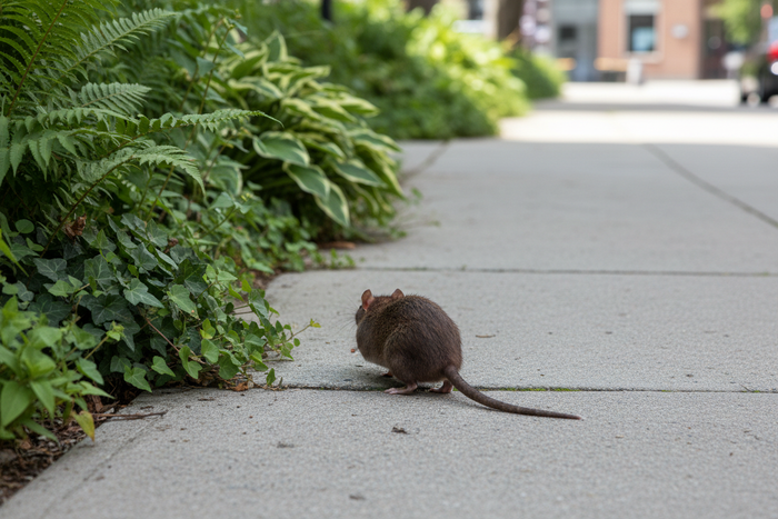 A brown rat walking on a concrete sidewalk path, viewed from behind and slightly above, natural outdoor lighting, green plants visible along the edge, realistic photography style, shallow depth of field, urban garden setting, daytime