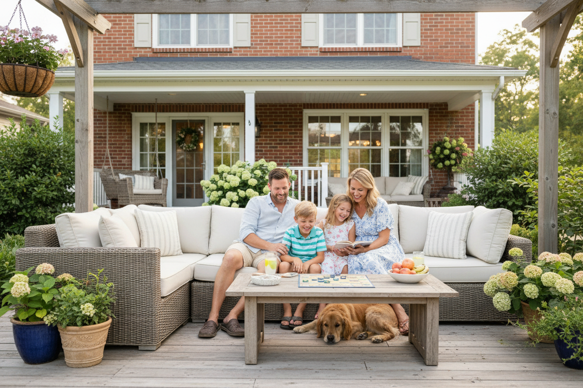 a family infront of the house sitting in front