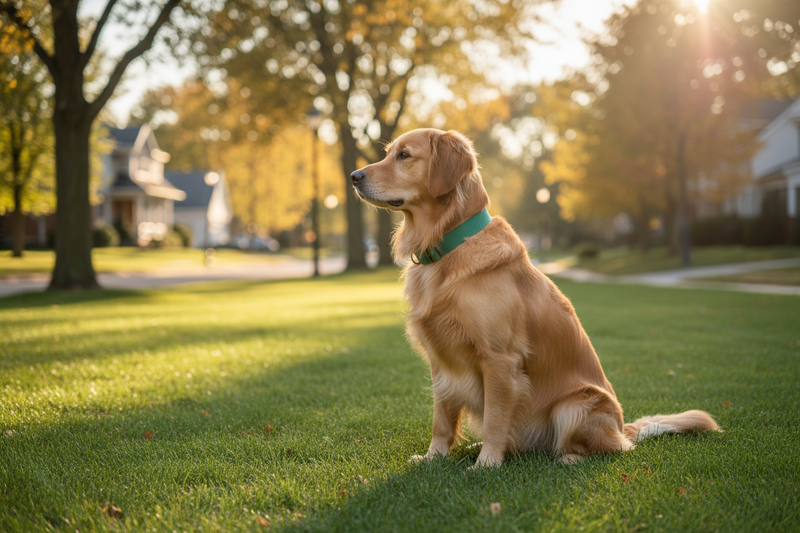 "A golden retriever dog with green collar sitting peacefully on a lush green lawn in a suburban neighborhood, side profile view looking into the distance, warm golden hour sunlight, trees and residential street in soft blurred background, peaceful outdoor scene, shallow depth of field, natural lighting with sun flare, professional lifestyle photography, serene and calm atmosphere