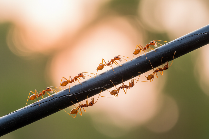 A line of red ants marching in formation on a black electrical cable or wire, diagonal composition, shallow depth of field, soft bokeh background with green and warm peachy tones, macro photography, natural outdoor lighting, ants in sharp focus with blurred foreground and background, realistic insect details
