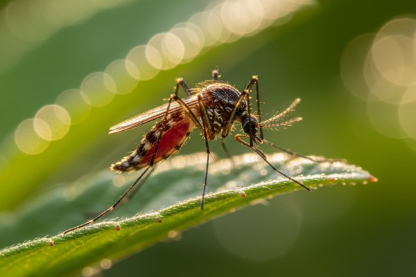 A mosquito perched on the edge of a green leaf, side profile view, long thin legs visible, detailed body texture, bright green blurred background with bokeh effect, macro photography, natural sunlight from behind creating rim lighting, shallow depth of field, realistic insect details, fresh outdoor environment