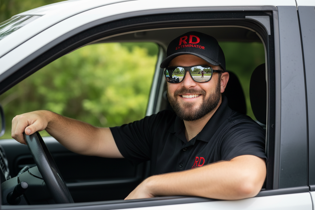 A smiling bearded pest control technician wearing black cap with red 'RD Exterminator' logo and black polo shirt with red 'RD Exterminator' embroidered logo, reflective sunglasses, sitting in driver's seat of white service vehicle, hand on steering wheel, looking out the window with friendly confident expression, natural outdoor lighting, green foliage blurred in background, professional service photography, corporate lifestyle style, shallow depth of field