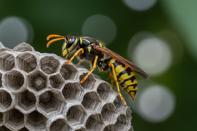 Close-up macro photo of yellow jacket wasp on paper wasp nest, wasp with black and yellow striped body perched on edge of gray papery honeycomb structure, hexagonal cells visible, wasp in side profile view, green blurred background with bokeh effect, natural outdoor lighting, shallow depth of field, professional wildlife macro photography, realistic detail