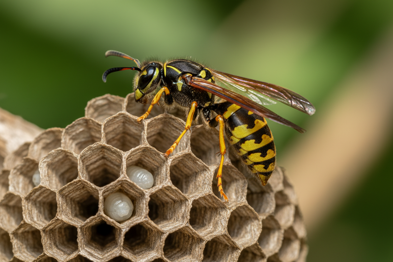 Close-up of a yellow jacket wasp on a paper wasp nest, black body with bright yellow markings, hexagonal honeycomb cells visible, wasp perched on edge of nest, vibrant green blurred background, macro photography style, natural outdoor lighting, sharp focus on wasp, shallow depth of field, realistic insect details