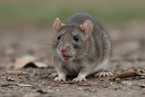 Close-up photo of a brown rat on outdoor ground surface, front three-quarter view, rat facing camera with mouth slightly open showing teeth, gray-brown fur with lighter chest, small rounded ears, beady black eyes, whiskers visible, natural outdoor setting with dirt and debris, realistic wildlife photography, soft natural lighting, shallow depth of field with blurred background, professional pest control documentation style
