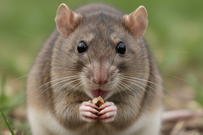 Close-up portrait of a brown rat eating food, holding something in its tiny paws, detailed fur texture, whiskers visible, shot from front angle, natural outdoor lighting, blurred green background, macro photography style, shallow depth of field, realistic and detailed