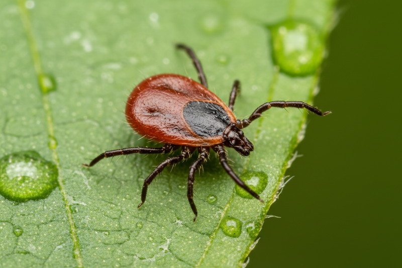 Extreme macro close-up photograph of a deer tick or black-legged tick on a bright green leaf, detailed view showing the tick's legs and reddish-brown body, natural outdoor lighting, shallow depth of field with soft blurred background, nature and pest identification photography, scientific documentary style"