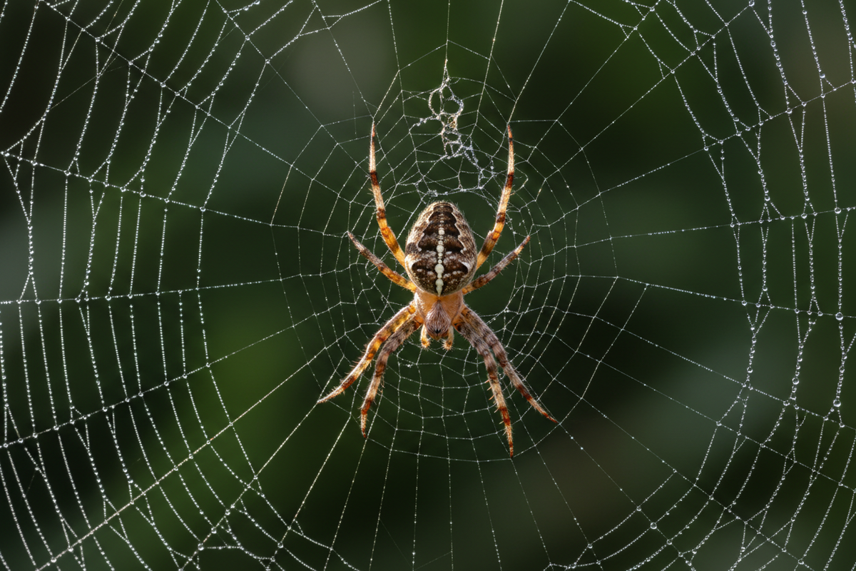 Garden spider or orb weaver spider centered on intricate spider web, close-up macro view, brown and tan patterned spider body with distinctive markings, eight legs visible, spider positioned in center of web with dewdrops or moisture on silk strands, dark green blurred background creating bokeh effect, natural outdoor setting, dramatic lighting highlighting web details, professional wildlife macro photography, shallow depth of field