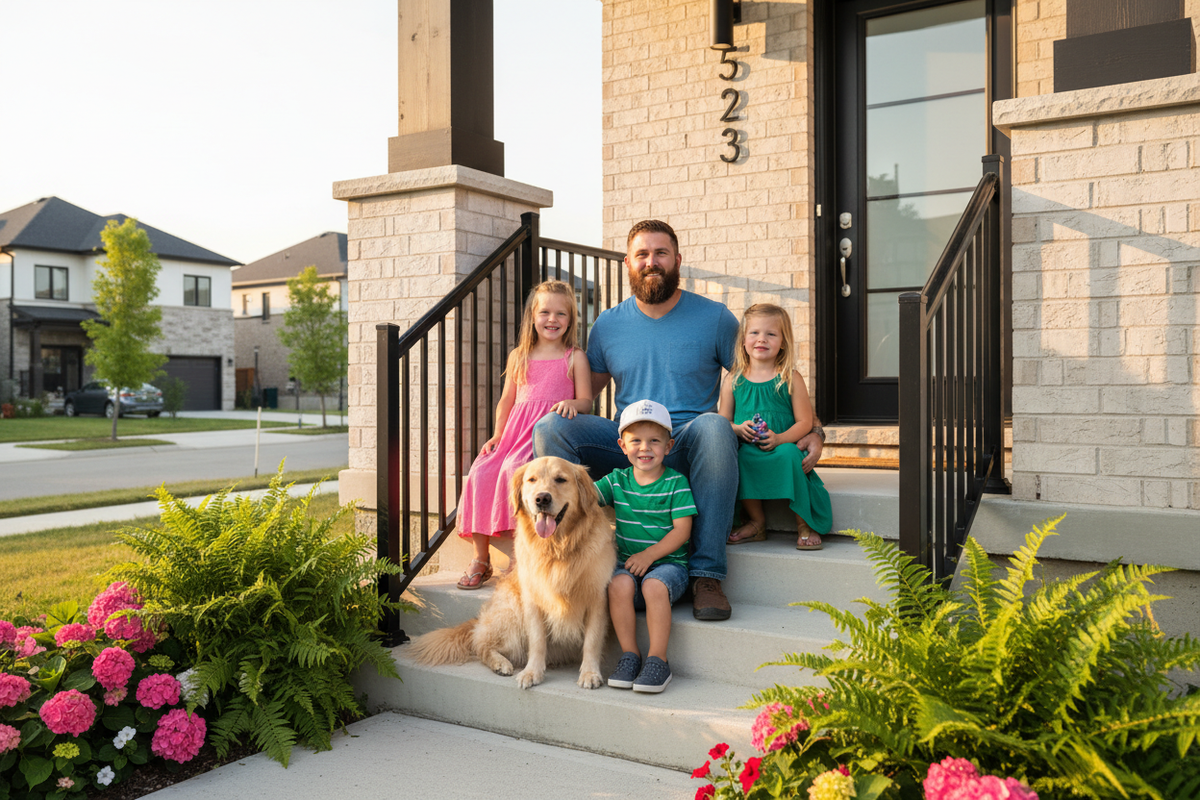 Happy family sitting on front porch steps of modern home, father with beard wearing casual clothes sitting with three young children and golden retriever dog, two girls in colorful dresses (pink and green), young boy in green shirt and white cap, large friendly dog sitting beside family, modern house entrance with address number 523 visible, black metal railings, cream brick exterior, green plants and pink flowers in foreground creating natural frame, warm golden hour sunlight, outdoor residential setting, 