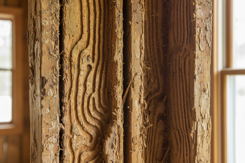 Image 1 (Larger - Left side, 60% width):

Close-up photograph of severely damaged wood structure
Vertical wooden beams or boards showing extensive termite/carpenter ant damage
Multiple parallel tunneling patterns and galleries carved into the wood
Exposed wood grain with hollow chambers and structural deterioration
Yellowish-brown/tan colored aged wood
Visible layers of wood damage showing the progression of infestation
Realistic texture showing wood fibers and degradation
Indoor setting with soft lighting
