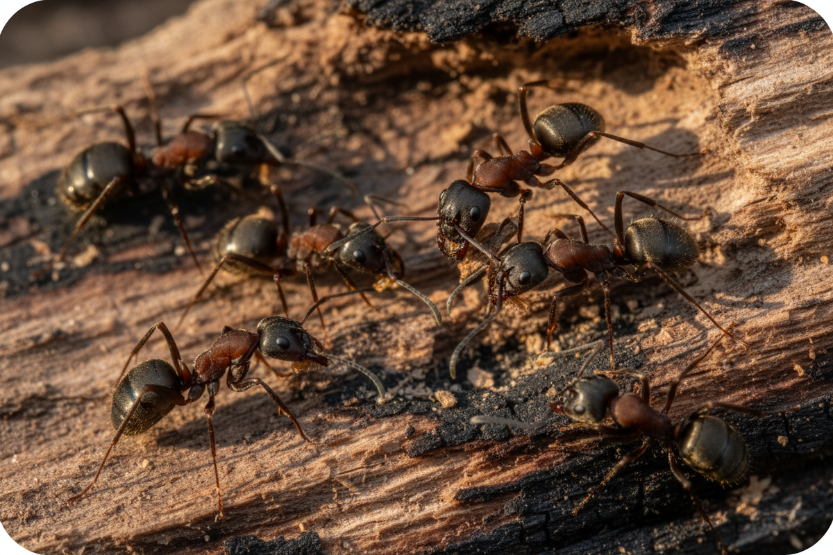Image 2 (Smaller - Right side, 40% width):

Close-up macro photograph of carpenter ants on damaged wood
Group of 6-10 black ants actively moving on wood surface
Wood showing damage, tunnels, and deterioration
Dark burnt or charred-looking areas on the wood
Visible ant details (legs, antennae, segmented bodies)
Sharp focus on ants with wood texture visible
Warm lighting highlighting the ants
Rounded corners matching first image pest control service
