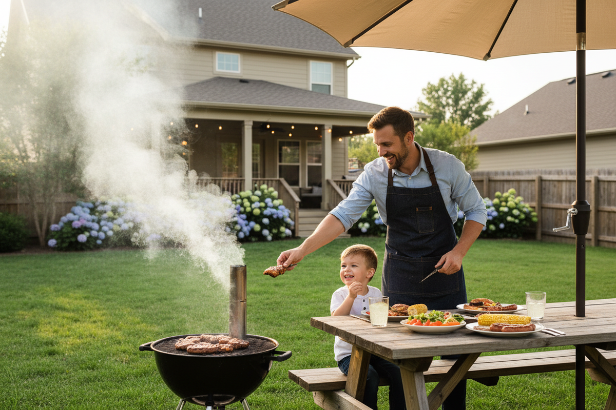 kid and dad eating outside the house while cooking barbeque