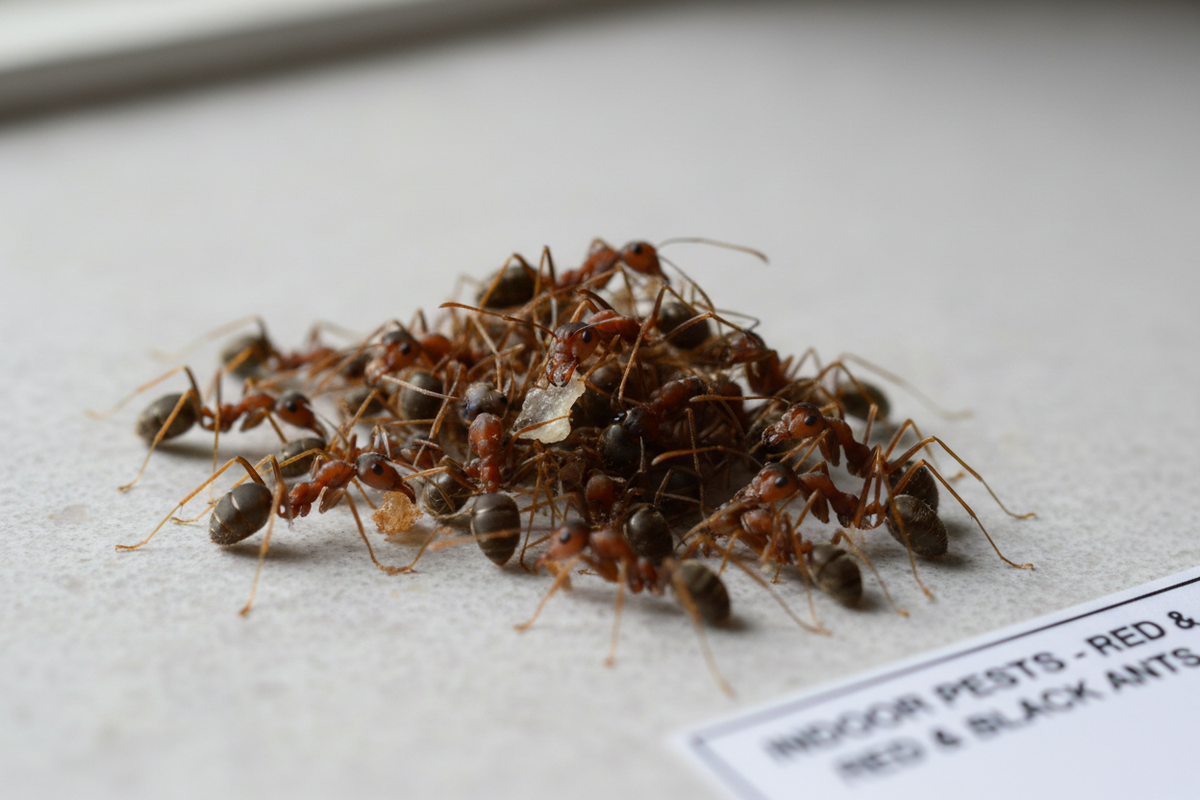 Macro close-up photograph of multiple red and black ants clustered together on a light colored surface, detailed view of ant colony or group, natural lighting, shallow depth of field, pest documentation photography, indoor pest control concept, scientific and educational style