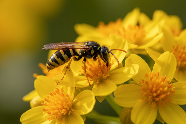 Macro photo of black and yellow striped wasp on bright yellow flowers, wasp with distinctive banded pattern on petals, multiple yellow blooms clustered together, wasp feeding or pollinating, warm golden tones, soft blurred background, natural outdoor lighting, shallow depth of field, professional nature photography, close-up view