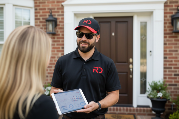 Professional pest control technician consulting with female homeowner at residential entrance, technician wearing black polo shirt with "RD" logo in red on chest, black and red baseball cap with "RD" text, sunglasses, beard, holding digital tablet showing information to client, woman with blonde hair seen from behind listening, brick house exterior in background, outdoor consultation scene, natural daylight, professional business photography, friendly customer service interaction, realistic photo