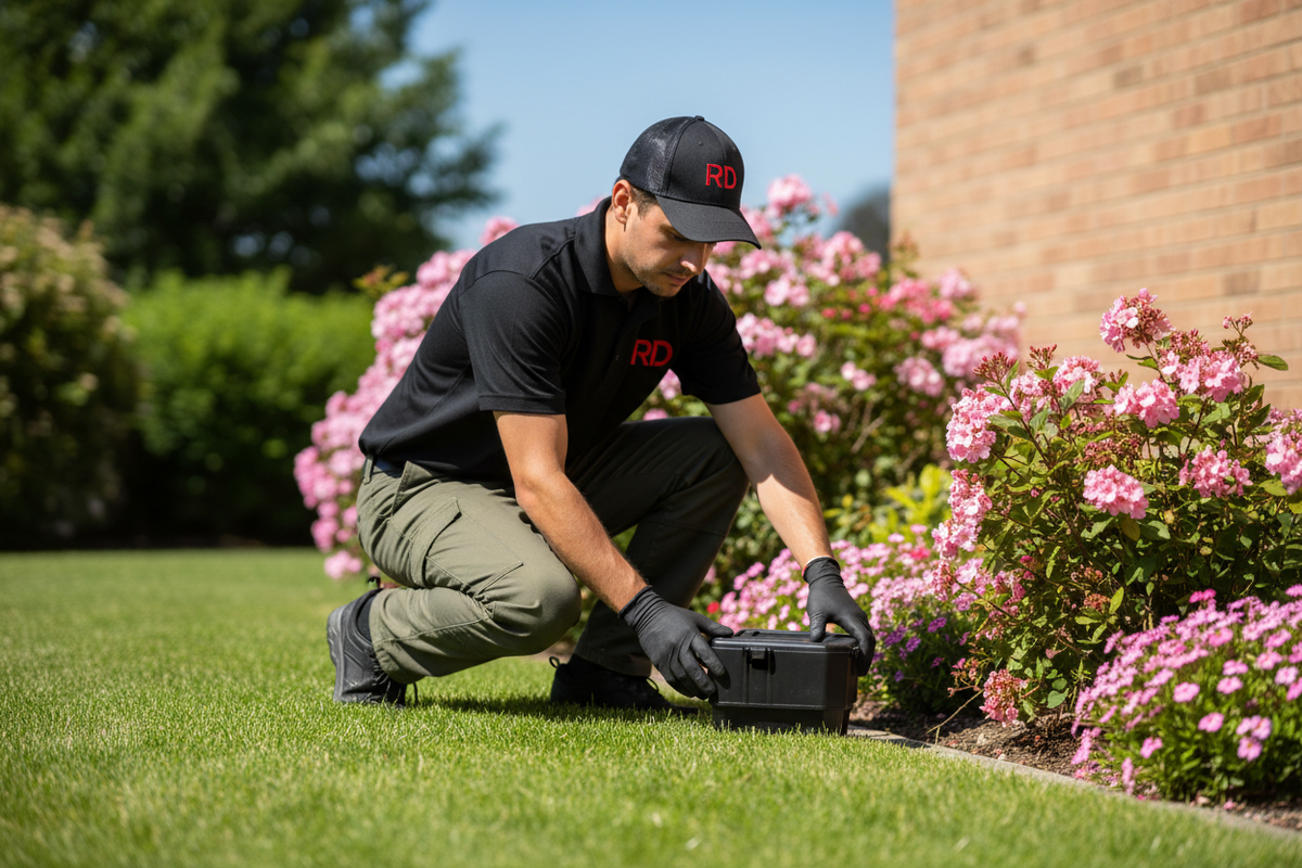 Professional pest control technician crouching down beside flowering shrubs in residential yard, wearing black polo shirt with "RD" logo in red embroidered on chest, black baseball cap with "RD" text in red, black work gloves, dark olive or black pants, inspecting plants and placing black bait station or equipment box on green grass lawn, pink flowering plants visible, brick house wall in background, bright sunny outdoor setting, natural daylight, professional commercial photography, realistic photo