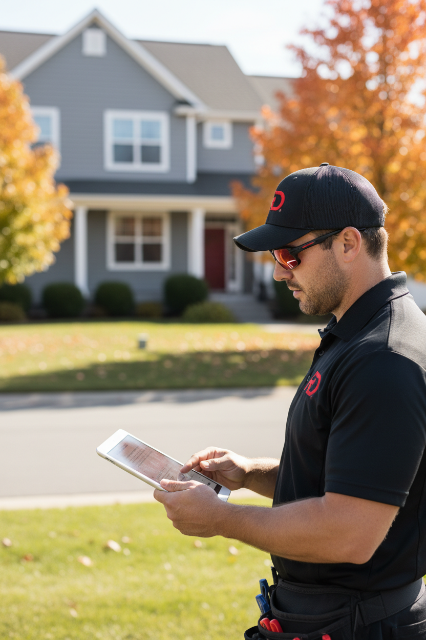 Professional pest control technician holding white clipboard or tablet outdoors in residential setting, man wearing black baseball cap with "RD" logo in red, sunglasses, black polo shirt with "RD" text in red embroidered on chest, viewed from side angle showing him reviewing documents or device in hands, standing in front of suburban house with gray siding and windows visible in blurred background, green lawn and autumn trees, outdoor consultation scene, natural daylight, professional business photography, 