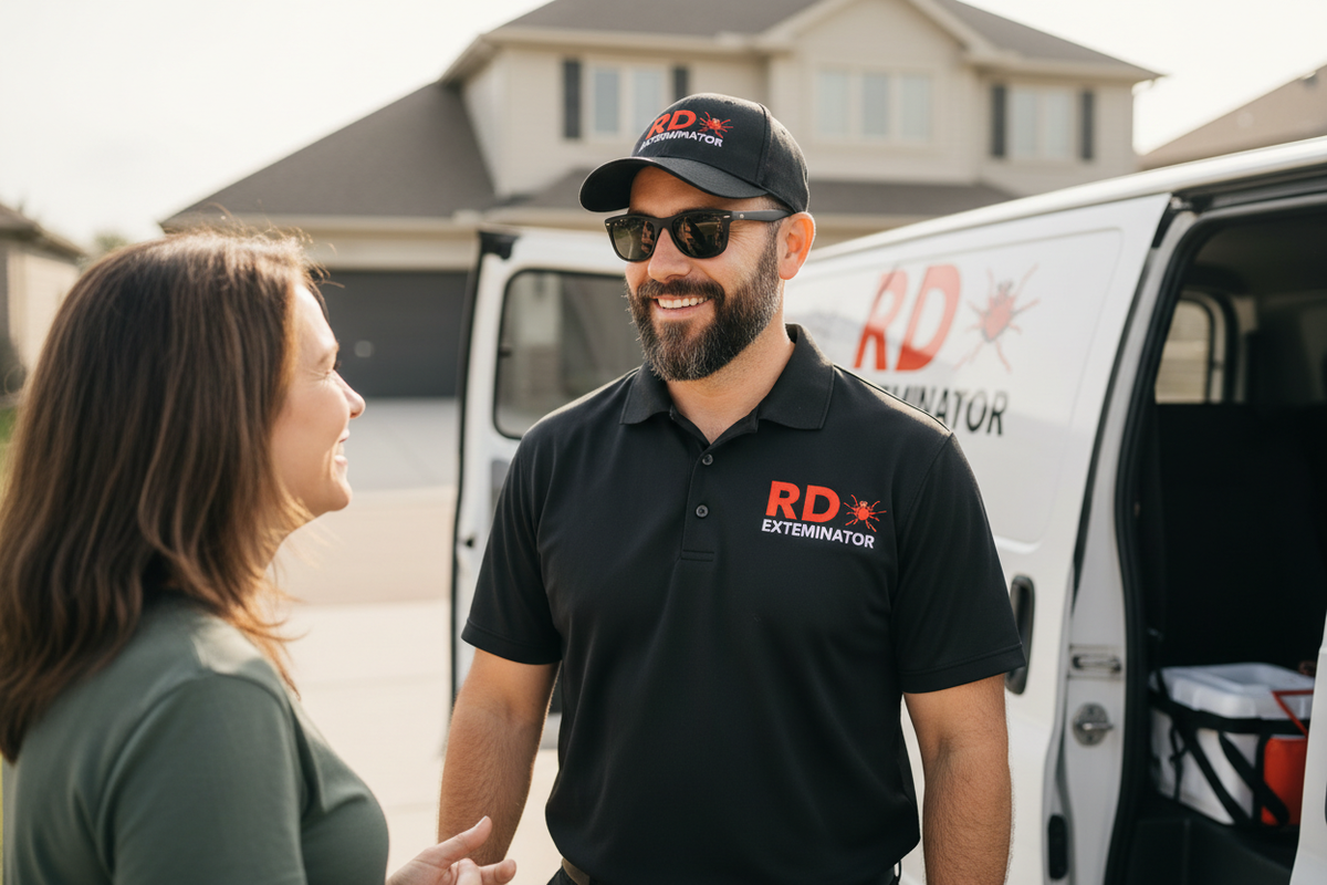 Professional pest control technician in black polo shirt with 'RD Exterminator' logo in red text, wearing black cap with same logo, sunglasses, bearded, smiling confidently while talking to client in front of white service van, professional customer service, outdoor daytime, welcoming and trustworthy atmosphere, professional pest control business photography