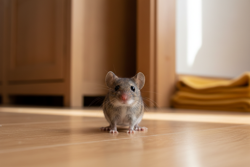Small brown mouse or young rat standing on wooden floor inside home, front view facing camera, gray-brown fur with lighter belly, small rounded ears, black beady eyes, whiskers visible, indoor residential setting with wooden door frame or cabinet in background, warm yellow towels or fabric visible, natural indoor lighting with sunlight coming through window creating soft glow, shallow depth of field with blurred background, realistic wildlife photography, pest documentation style