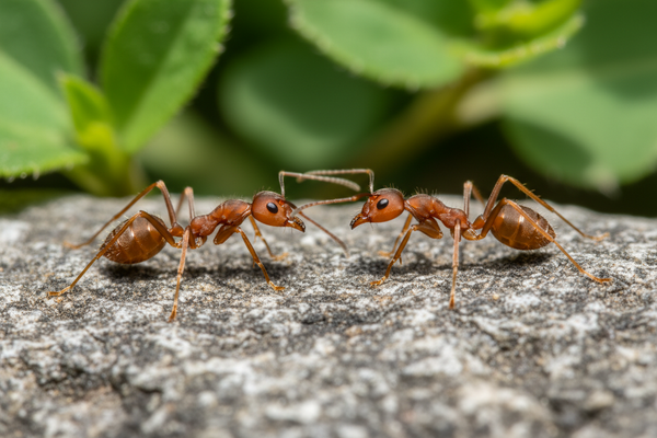 Two brown ants meeting face to face on a rough gray stone surface, close-up macro photography, detailed ant bodies and antennae visible, natural outdoor lighting, soft blurred green background, shallow depth of field, realistic insect texture, ground level perspective