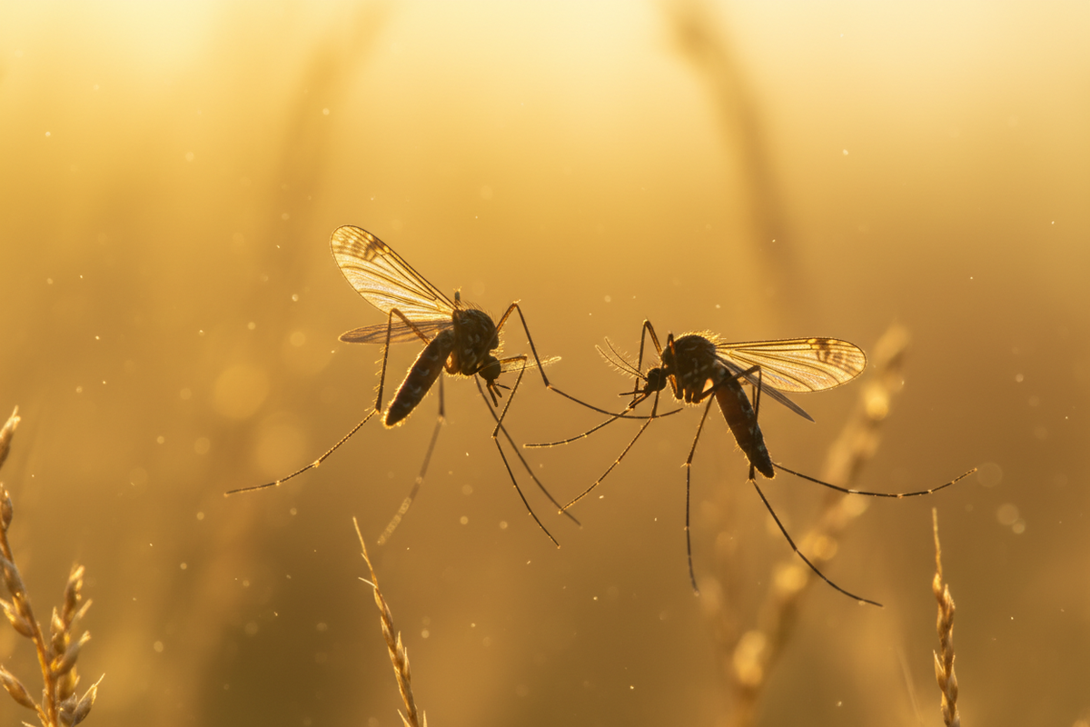 Two mosquitoes flying in mid-air against a warm golden yellow background, backlit silhouette effect, wings spread, long legs extended, soft focus dreamy atmosphere, sunset or golden hour lighting, artistic macro photography, shallow depth of field, ethereal and peaceful mood, natural outdoor setting pest control service